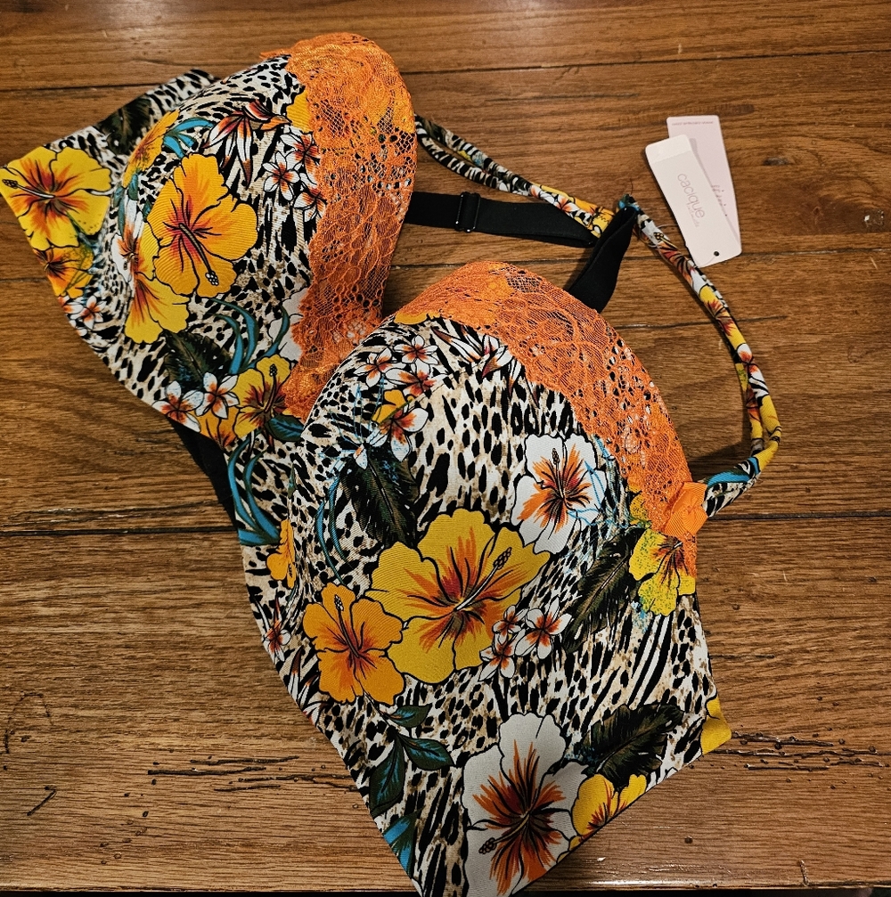 Cacique Orange Floral Lace Bra